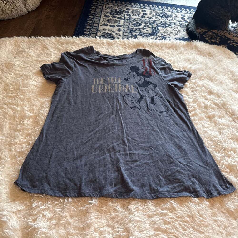 Disney Mickey Mouse T-Shirt Womens XL Blue Gray Cold Shoulder Short Sleeve
